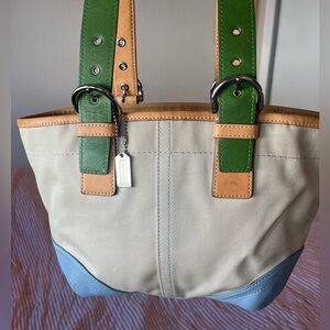 Early 2000’s Daisy Coach Hampton tote/shoulder bag, green & blue leather